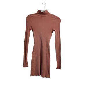 Free People Beach Mini Dress XS Brown Mock Neck‎ Ribbed Knit Long Sleeve Boho